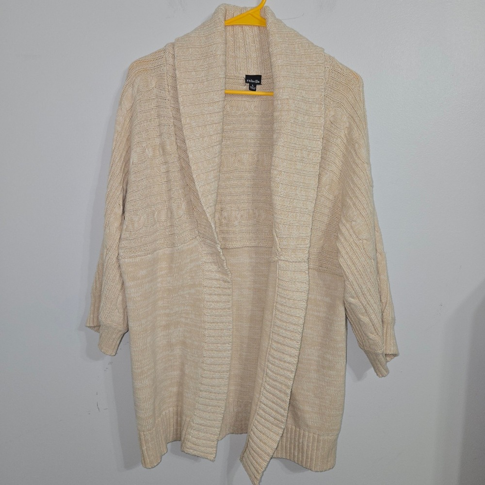 B#32 Rafaella Womens L Cable‎ Knit Open Front Cardigan Duster Sweater Beige